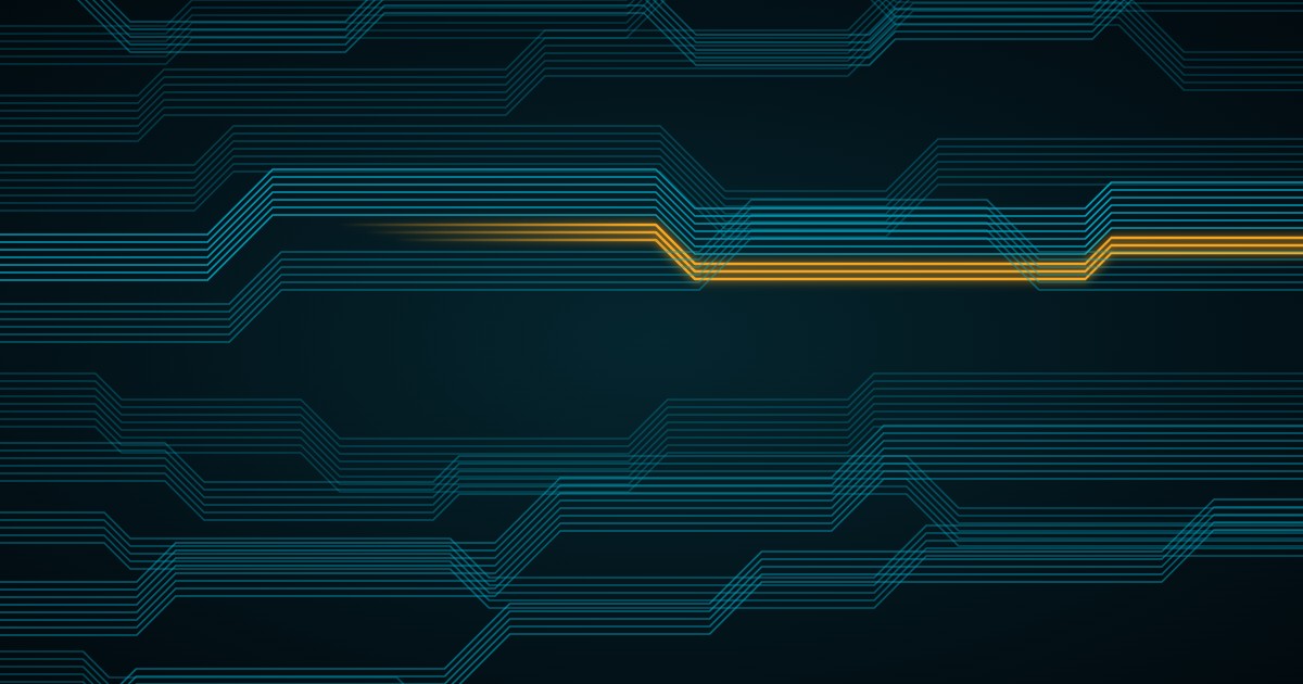 Wide buses of parallel blue circuit traces sweeping across a dark board with 45-degree jogs, and three gold traces fading in to run alongside one bus as it crosses the frame