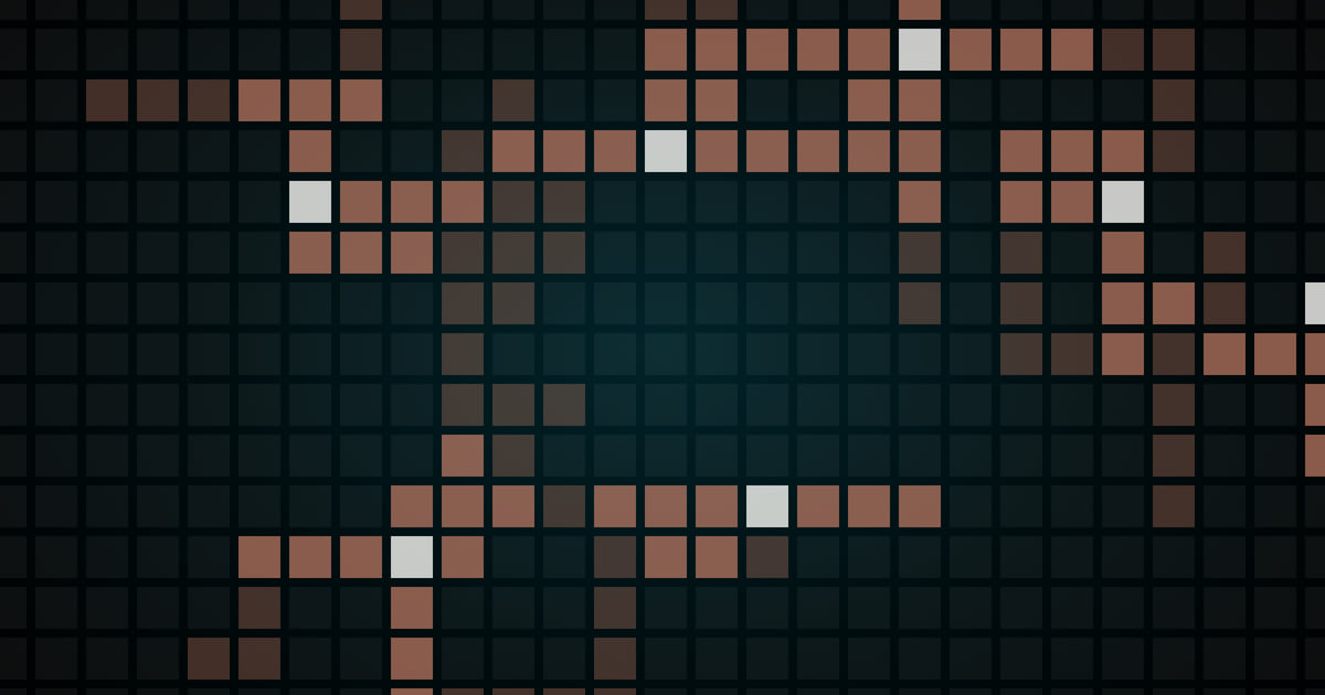 A grid of square test cells on a near-black background, almost all of them faint, with a few bright cells and short lit paths running from each along their rows and columns
