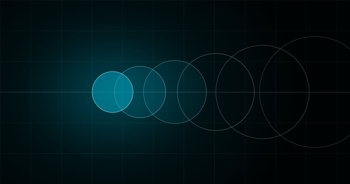 Six circles along one line on a faint square grid over a near-black background, shrinking from a large faint outline on the right to a small translucent blue circle on the left